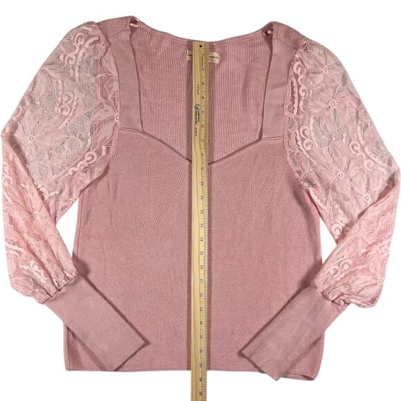Anthropologie Women's Sweetheart Neck Lace Sleeve Ribbed Sweater Pink XL - Picture 2 of 11
